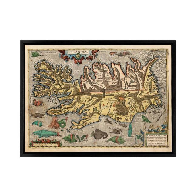 "Artery8 1585 Iceland Pictorial Map With Sea Monsters Framed Canvas Wall Art Print - Size: W18"" x H24""" - image 1