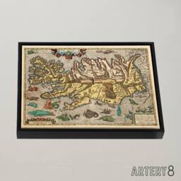 "Artery8 1585 Iceland Pictorial Map With Sea Monsters Framed Canvas Wall Art Print - Size: W18"" x H24""" - thumbnail 2
