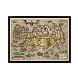 "Artery8 1585 Iceland Pictorial Map With Sea Monsters Framed Canvas Wall Art Print - Size: W18"" x H24""" - thumbnail 1
