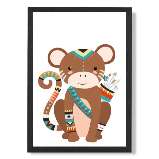ARTZE Monkey Tribal Animal Framed Print SIZE: A3 with Black Frame in Brown - Size: A4 - image 1