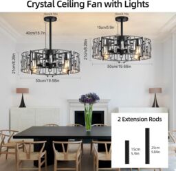 Garwarm Fandelier Ceiling Fan with Lights Crystal Pendant Lamp 50 cm in Black - thumbnail 3