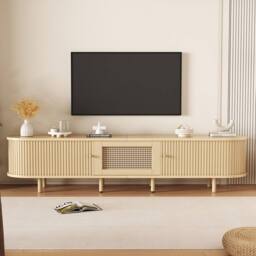 Merax Oval Rattan TV Stand for TVs up to 70 Inch with Sliding Doors & Drawer in Light Oak