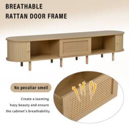 Merax Oval Rattan TV Stand for TVs up to 70 Inch with Sliding Doors & Drawer in Light Oak - thumbnail 3