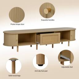 Merax Oval Rattan TV Stand for TVs up to 70 Inch with Sliding Doors & Drawer in Light Oak - thumbnail 4