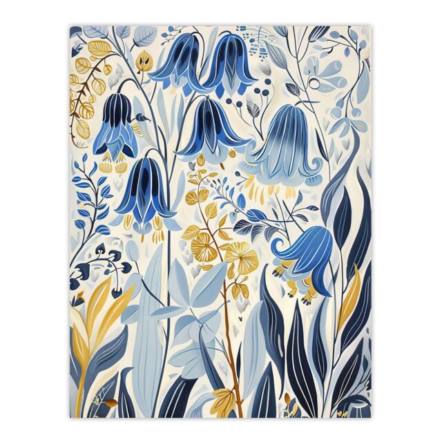 "Artery8 Bluebells in Bloom Botanical Painting Ochre Blue Wall Art Print - Size: W24"" x H32""" - image 1