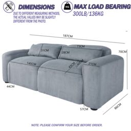 FURNITURE ONE Indoor Sofa, Comfy Corduroy Couch with Spring Cushion, Pillows in Mid Grey - Size: 1 Pack - thumbnail 4