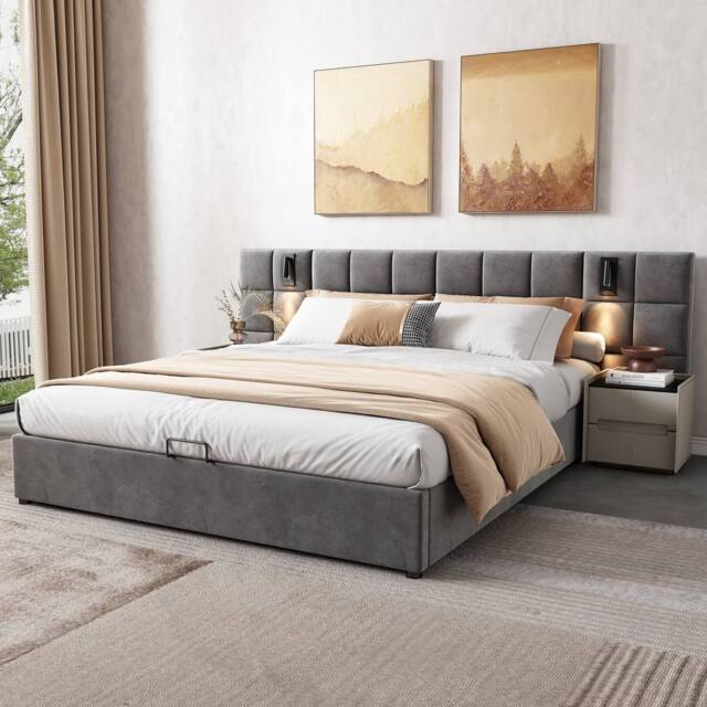 BTM Grey Velvet 4ft6 Double Bed with Hydraulic Storage, USB & Lamp - Size: Super King - image 1