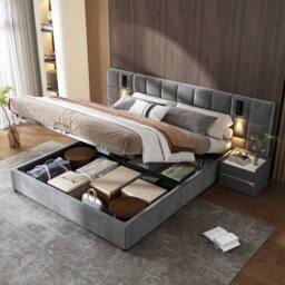 BTM Grey Velvet 4ft6 Double Bed with Hydraulic Storage, USB & Lamp - Size: Super King - thumbnail 6