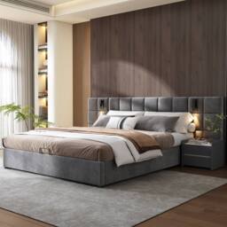 BTM Grey Velvet 4ft6 Double Bed with Hydraulic Storage, USB & Lamp - Size: Super King - thumbnail 2