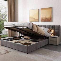 BTM Grey Velvet 4ft6 Double Bed with Hydraulic Storage, USB & Lamp - Size: Super King - thumbnail 5