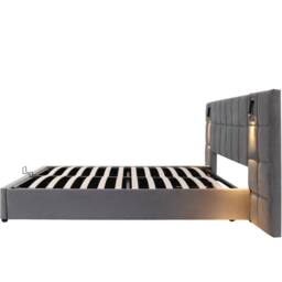 BTM Grey Velvet 4ft6 Double Bed with Hydraulic Storage, USB & Lamp - Size: Super King - thumbnail 7