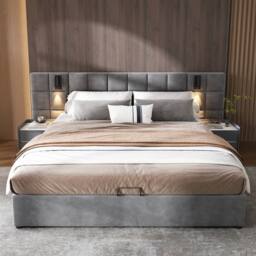 BTM Grey Velvet 4ft6 Double Bed with Hydraulic Storage, USB & Lamp - Size: Super King - thumbnail 3