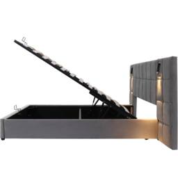 BTM Grey Velvet 4ft6 Double Bed with Hydraulic Storage, USB & Lamp - Size: Super King - thumbnail 9