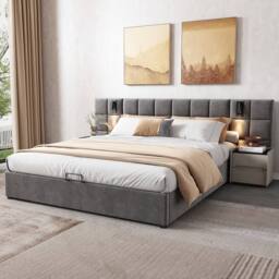BTM Grey Velvet 4ft6 Double Bed with Hydraulic Storage, USB & Lamp - Size: Super King