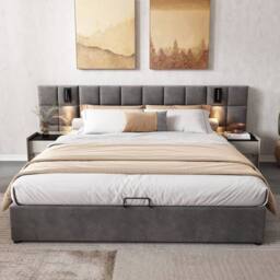 BTM Grey Velvet 4ft6 Double Bed with Hydraulic Storage, USB & Lamp - Size: Super King - thumbnail 4