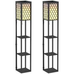 HOMCOM Modern Set of 2 Floor Lamp with 3 Shelves Fabric Lampshade Black - thumbnail 2