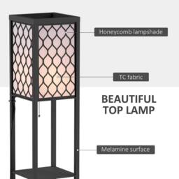 HOMCOM Modern Set of 2 Floor Lamp with 3 Shelves Fabric Lampshade Black - thumbnail 4