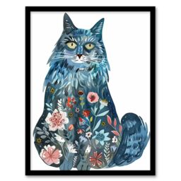 "Artery8 Cat Lover Blue Maine Coon with Flower Pattern Fur Framed Wall Art - Size: W12"" x H16""" - thumbnail 1