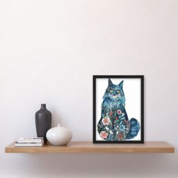 "Artery8 Cat Lover Blue Maine Coon with Flower Pattern Fur Framed Wall Art - Size: W12"" x H16""" - thumbnail 4
