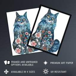 "Artery8 Cat Lover Blue Maine Coon with Flower Pattern Fur Framed Wall Art - Size: W12"" x H16""" - thumbnail 2