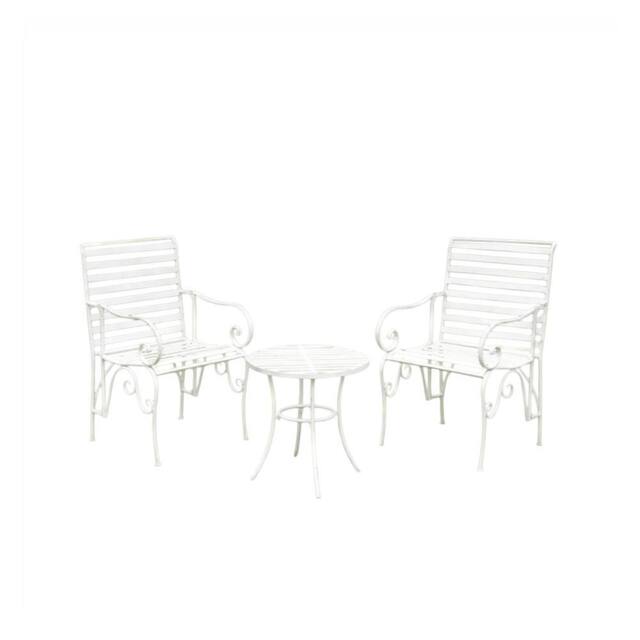 Melody Maison Ornate Metal White Round Garden Table & Set Of 2 Ornate Garden Chairs - image 1
