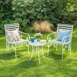 Melody Maison Ornate Metal White Round Garden Table & Set Of 2 Ornate Garden Chairs - thumbnail 5