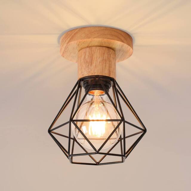 Pheashine Retro Wrought Iron Ceiling Lamp Wooden Chassis Black Lampshade - image 1