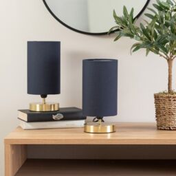 ValueLights Francis Brushed Gold Dimmable Touch Table Lamps with Fabric Shade in Navy - thumbnail 3