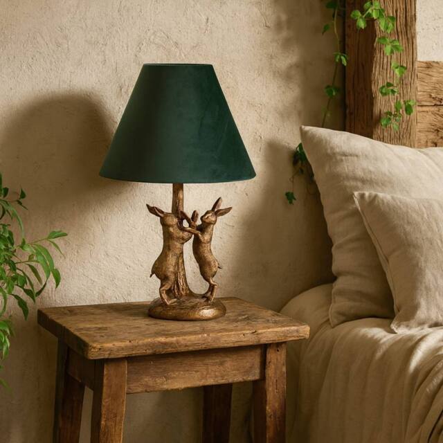 Wyld Haus Sault Antique Gold Marching Hares Table Lamp with Green Velvet Shade - image 1