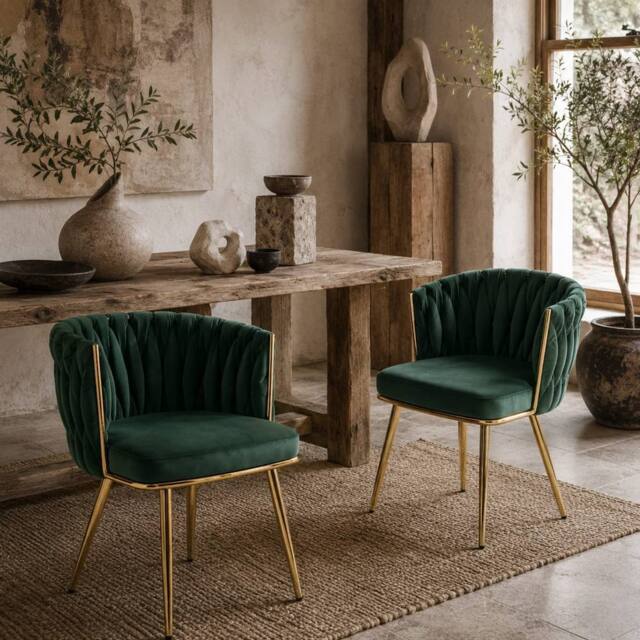 Wyld Haus Sosura Set of 2 Dark Green Velvet Feel Dining Chairs Woven Backrest - image 1