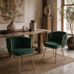 Wyld Haus Sosura Set of 2 Dark Green Velvet Feel Dining Chairs Woven Backrest