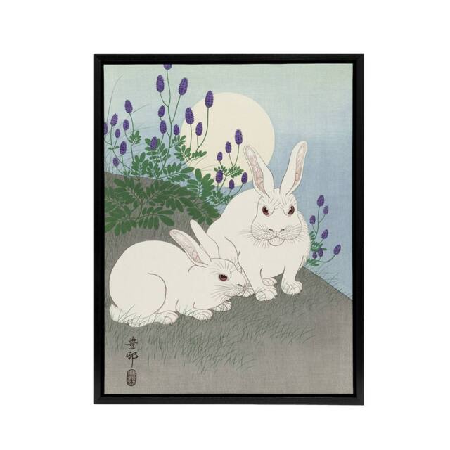 "Artery8 Two Rabbits At Full Moon Framed Canvas Wall Art Print Ohara Koson in Blue - Size: W12"" x H16""" - image 1