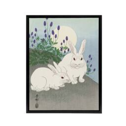 "Artery8 Two Rabbits At Full Moon Framed Canvas Wall Art Print Ohara Koson in Blue - Size: W12"" x H16""" - thumbnail 1