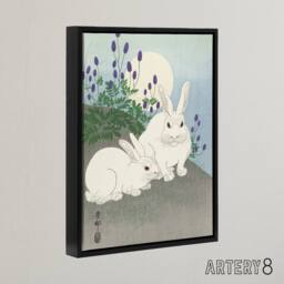 "Artery8 Two Rabbits At Full Moon Framed Canvas Wall Art Print Ohara Koson in Blue - Size: W12"" x H16""" - thumbnail 2