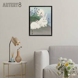 "Artery8 Two Rabbits At Full Moon Framed Canvas Wall Art Print Ohara Koson in Blue - Size: W12"" x H16""" - thumbnail 3