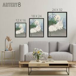 "Artery8 Two Rabbits At Full Moon Framed Canvas Wall Art Print Ohara Koson in Blue - Size: W12"" x H16""" - thumbnail 4