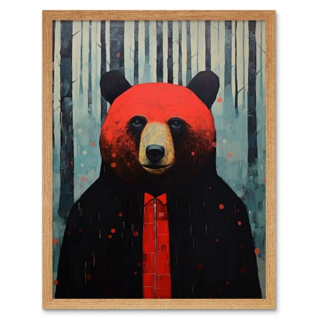 "Artery8 Wall Art Print Hipster Red Bear Artwork Oil Painting Black Blue Artwork Forest Trees Art Framed in Light Oak - Size: W12"" x H16""" - image 1