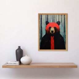 "Artery8 Wall Art Print Hipster Red Bear Artwork Oil Painting Black Blue Artwork Forest Trees Art Framed in Light Oak - Size: W12"" x H16""" - thumbnail 2