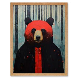 "Artery8 Wall Art Print Hipster Red Bear Artwork Oil Painting Black Blue Artwork Forest Trees Art Framed in Light Oak - Size: W12"" x H16""" - thumbnail 1