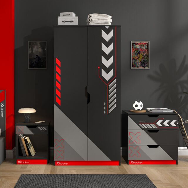 X Rocker Octane 3PC Bedroom Furniture Set for Kids - Bedside, Chest & Wardrobe in Red - image 1