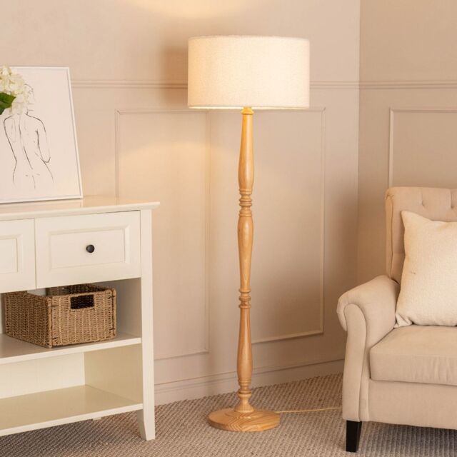 ValueLights Victoria Candlestick Light Wood Floor Lamp with Cream Boucle Drum Lamp Shade in Natural - image 1