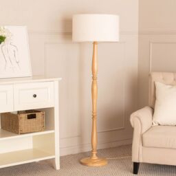 ValueLights Victoria Candlestick Light Wood Floor Lamp with Cream Boucle Drum Lamp Shade in Natural - thumbnail 3