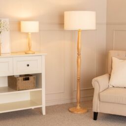 ValueLights Victoria Candlestick Light Wood Floor Lamp with Cream Boucle Drum Lamp Shade in Natural - thumbnail 4