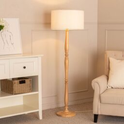 ValueLights Victoria Candlestick Light Wood Floor Lamp with Cream Boucle Drum Lamp Shade in Natural