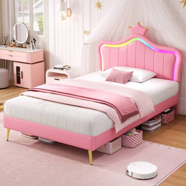 BTM PU Leather Upholstered Bed with LED Adjustable Crown Shape Headboard in Pink - image 1