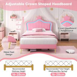 BTM PU Leather Upholstered Bed with LED Adjustable Crown Shape Headboard in Pink - thumbnail 7