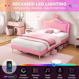 BTM PU Leather Upholstered Bed with LED Adjustable Crown Shape Headboard in Pink - thumbnail 5