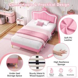 BTM PU Leather Upholstered Bed with LED Adjustable Crown Shape Headboard in Pink - thumbnail 6