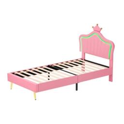 BTM PU Leather Upholstered Bed with LED Adjustable Crown Shape Headboard in Pink - thumbnail 8