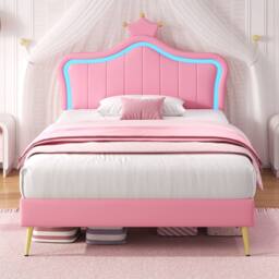 BTM PU Leather Upholstered Bed with LED Adjustable Crown Shape Headboard in Pink - thumbnail 3